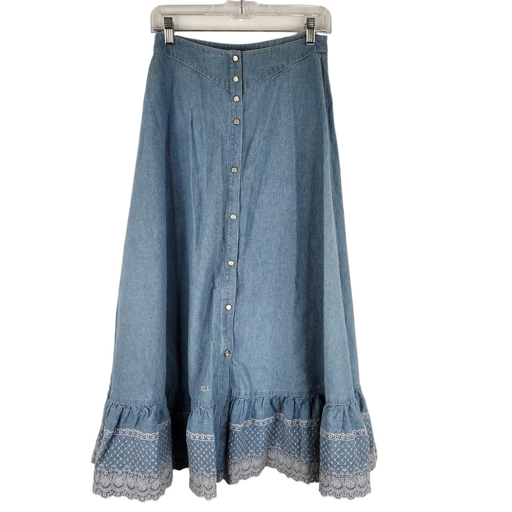 Lauren Jeans Co. Ralph Lauren Chambray Maxi Skirt Snap Down sz 4 100% Cotton